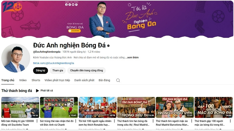 Kênh Đức Anh nghiện bóng đá trên Youtube
